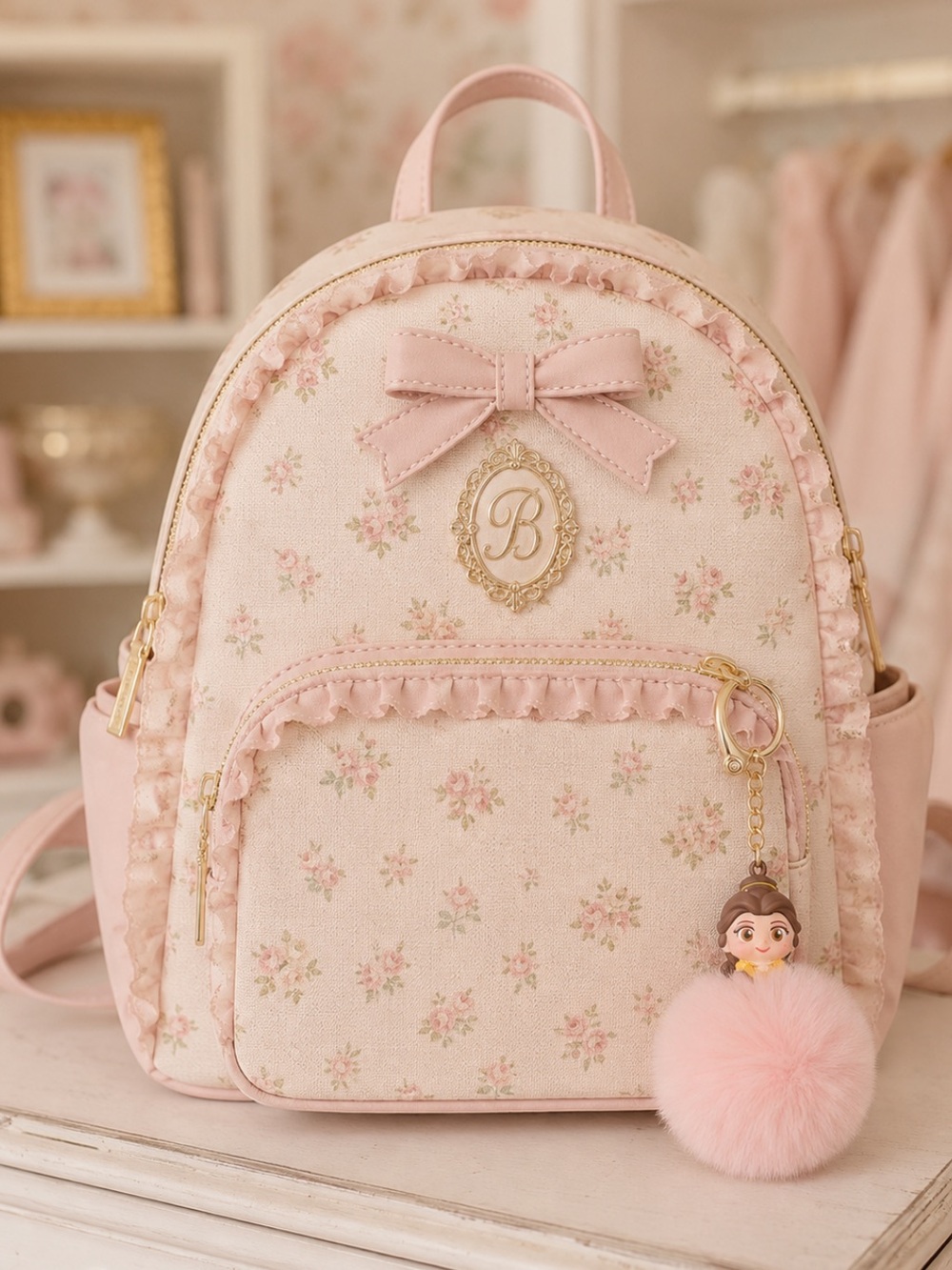 New Belle Disney Princess themed Pom Pom Bag Charm Keychain Disney Parks Rare